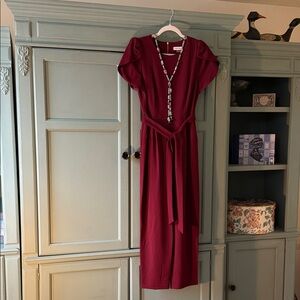 Flutter-Sleeve Burgundy Midi Dress with Self-Tie Waist